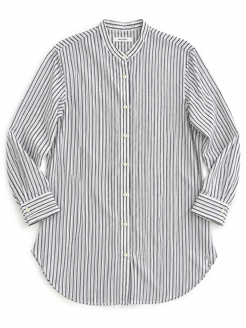 MOUSSY Striped Collarless Button-Up Shirt | White Grey Pinstripe Long Sleeve